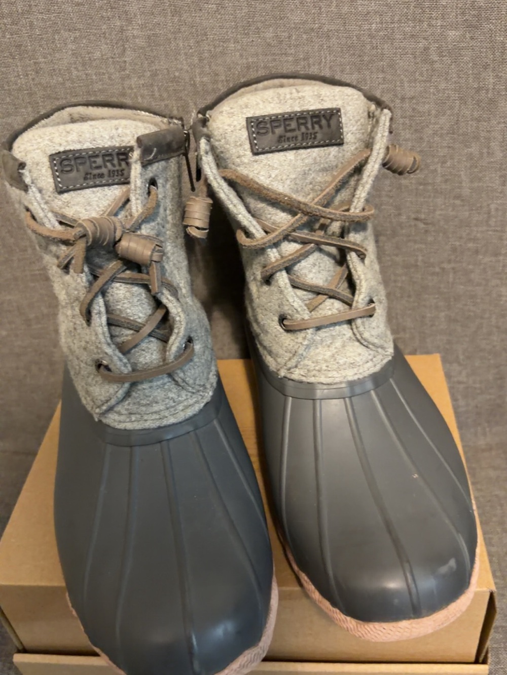 Sperry Gray Felt Upper with Dark Gray Rubber Rain Boots and blush-pink soles